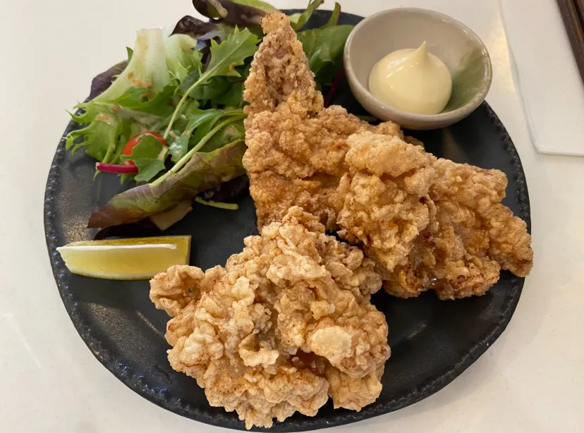 Karaage chicken with mayonnaise dipping sauce and salad on dark ceramic plate